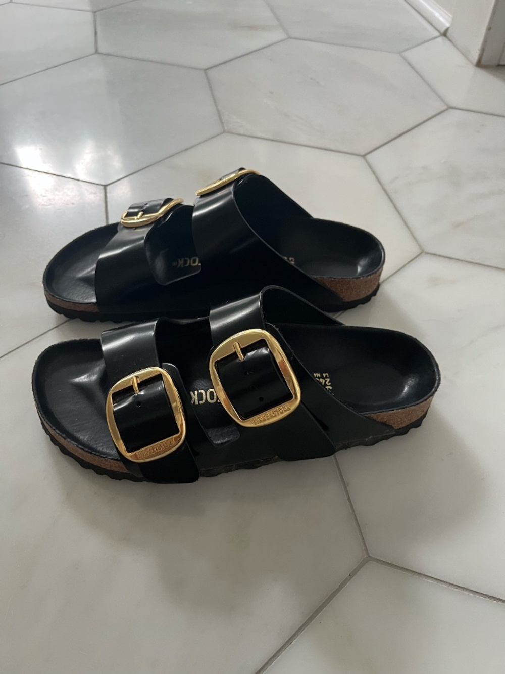 Birkenstock Patent Arizona Sandal with Gold Buckle